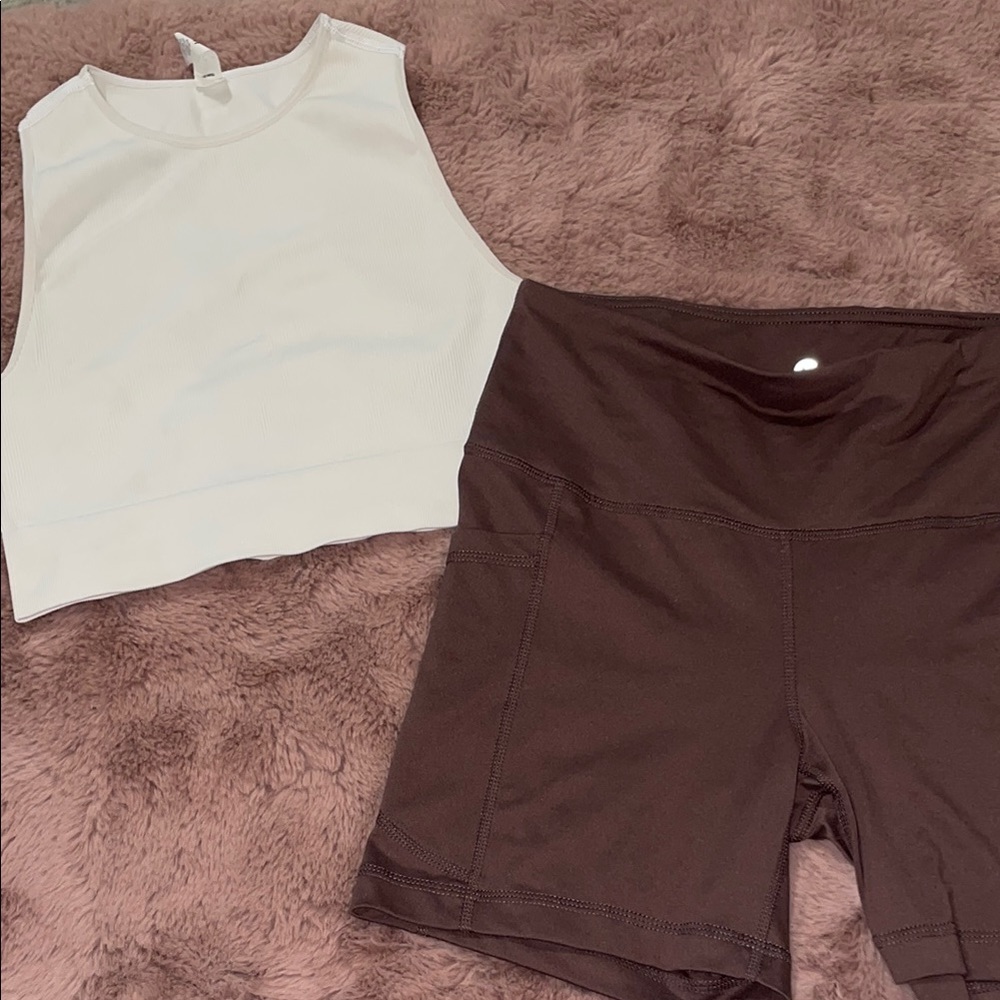 White Crop Top and Brown Shorts Set